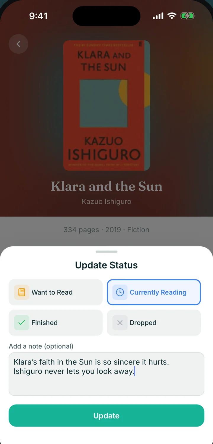 Updating a book's status and adding a note